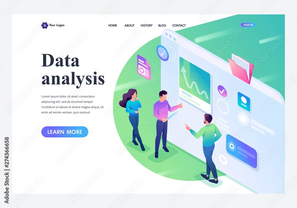 Isometric young people stand and analyze the data on the tablet screen. Template landing page
