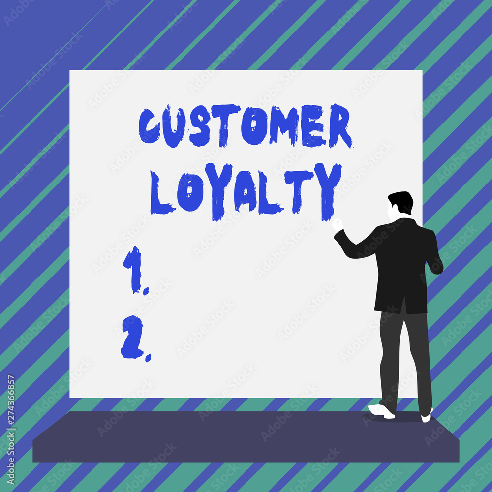 Obraz premium Writing note showing Customer Loyalty. Business concept for result of consistently positive emotional experience Short hair immature young man stand in front of rectangle big board