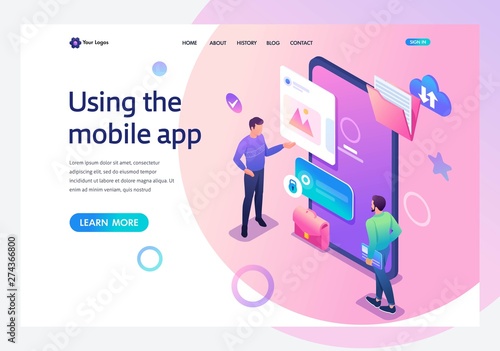 Isometric young men standing near the mobile phone screen, the use of mobile application. Template landing page