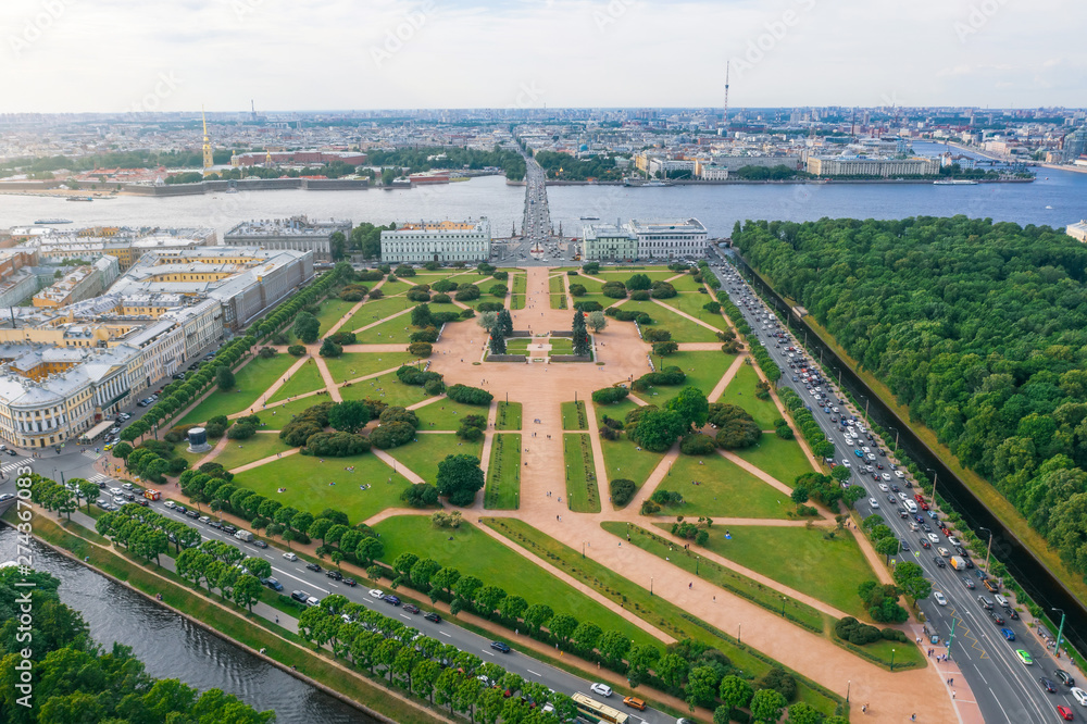 Aerial view field of Mars, Trinity bridge, Peter and Paul fortress, summer day.