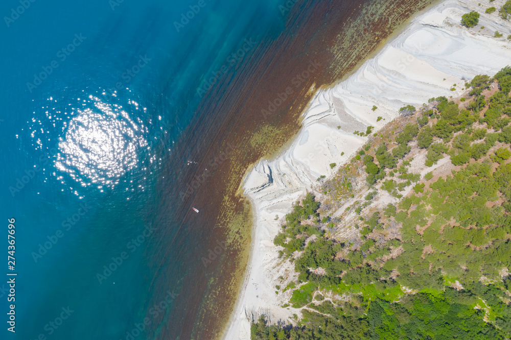 Aerial View Of Black Sea Coastline With Wild Beach And Sun Reflection On Water, Gelendzhik, Russia