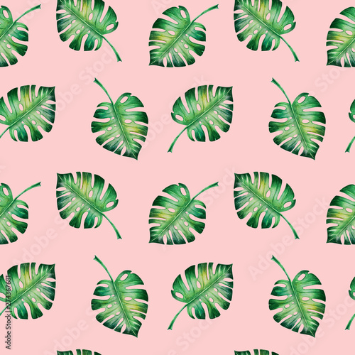 Seamless pattern from tropical leaves. Monstera. Watercolor painting. Exotic plant. Natural print. Sketch drawing. Botanical composition. Greeting card. Painted background. Hand drawn illustration