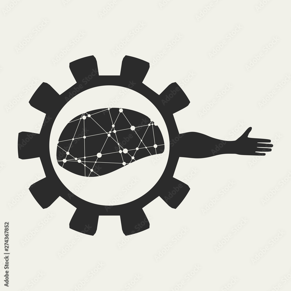 Abstract technology assistant emblem. Human arm and cog wheel with brains silhouette Abstract technology assistant emblem. Human arm and cog wheel with brains silhouette