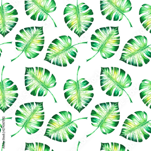 Seamless pattern from tropical leaves. Monstera. Watercolor painting. Exotic plant. Natural print. Sketch drawing. Botanical composition. Greeting card. Painted background. Hand drawn illustration