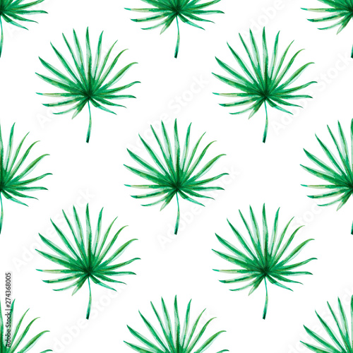 Seamless pattern from tropical leaves. Palm. Watercolor painting. Exotic plant. Natural print. Sketch drawing. Botanical composition. Greeting card. Painted background. Hand drawn illustration