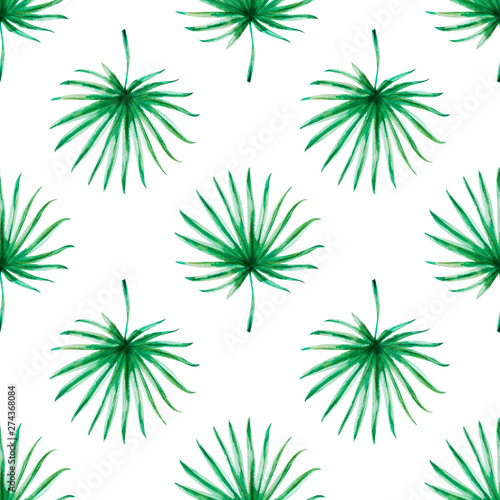 Seamless pattern from tropical leaves. Palm. Watercolor painting. Exotic plant. Natural print. Sketch drawing. Botanical composition. Greeting card. Painted background. Hand drawn illustration