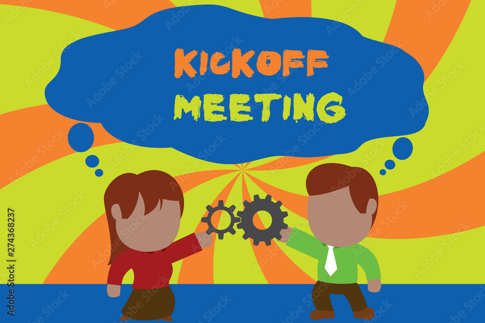 Text sign showing Kickoff Meeting. Business photo showcasing Special discussion on the legalities involved in the project Standing young couple sharing gear. Man tie woman skirt commerce relation Text sign showing Kickoff Meeting. Business photo showcasing Special discussion on the legalities involved in the project Standing young couple sharing gear. Man tie woman skirt commerce relation