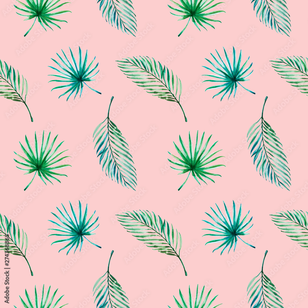 Seamless pattern from tropical leaves. Palm. Watercolor painting. Exotic plant. Natural print. Sketch drawing. Botanical composition. Greeting card. Painted background. Hand drawn illustration