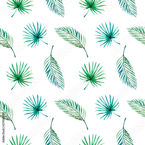 Seamless pattern from tropical leaves. Palm. Watercolor painting. Exotic plant. Natural print. Sketch drawing. Botanical composition. Greeting card. Painted background. Hand drawn illustration © Diana