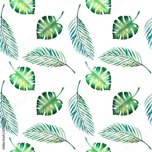 Tropical leaves seamless pattern. Monstera, palm. Watercolor painting. Exotic plant. Natural print. Sketch drawing. Botanical composition. Greeting card. Painted background. Hand drawn illustration