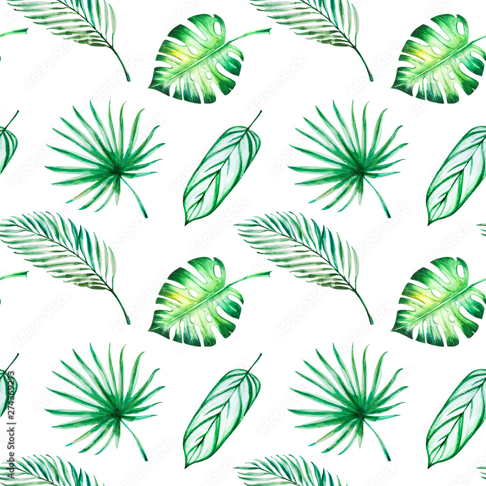 Tropical leaves seamless pattern. Monstera, palm.  Watercolor painting. Exotic plant. Natural print. Sketch drawing. Botanical composition. Greeting card. Painted background. Hand drawn illustration