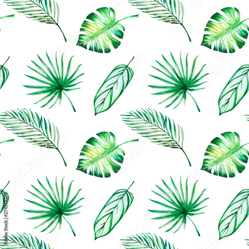 Tropical leaves seamless pattern. Monstera  palm.  Watercolor painting. Exotic plant. Natural print. Sketch drawing. Botanical composition. Greeting card. Painted background. Hand drawn illustration