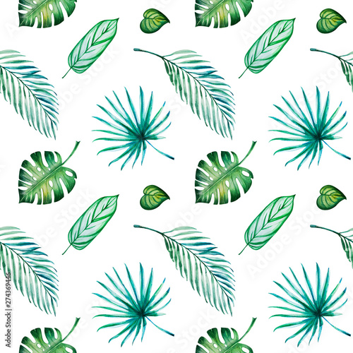 Tropical leaves seamless pattern. Monstera  palm.  Watercolor painting. Exotic plant. Natural print. Sketch drawing. Botanical composition. Greeting card. Painted background. Hand drawn illustration