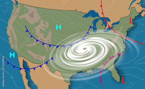 Weather map of the United States of America. Meteorological forecast . Editable vector illustration of a generic weather map showing with tornado, isobars and weather fronts.