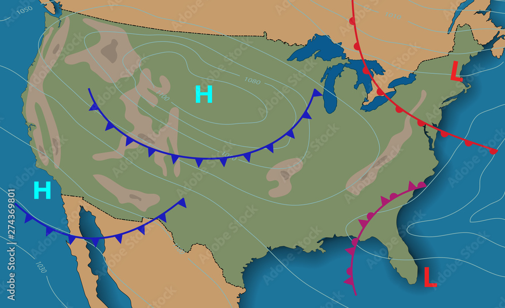 Weather forecast. Meteorological weather map of the United State of