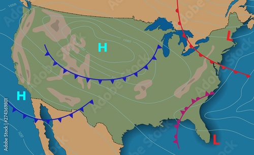 Weather forecast. Meteorological weather map of the United State of America. Realistic synoptic map USA with aditable generic map showing isobars and weather fronts. Topography and physical map.