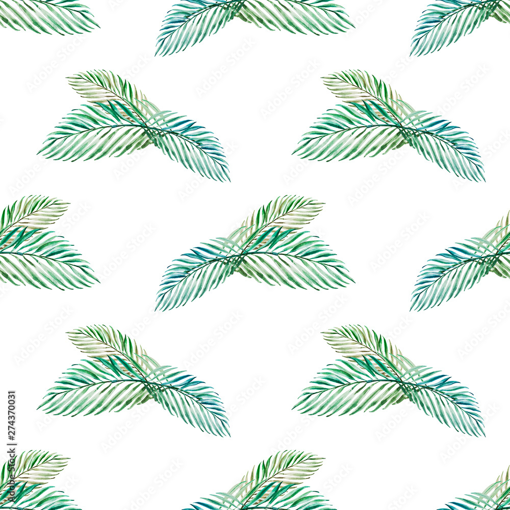 Seamless pattern from tropical leaves. Palm. Watercolor painting. Exotic plant. Natural print. Sketch drawing. Botanical composition. Greeting card. Painted background. Hand drawn illustration