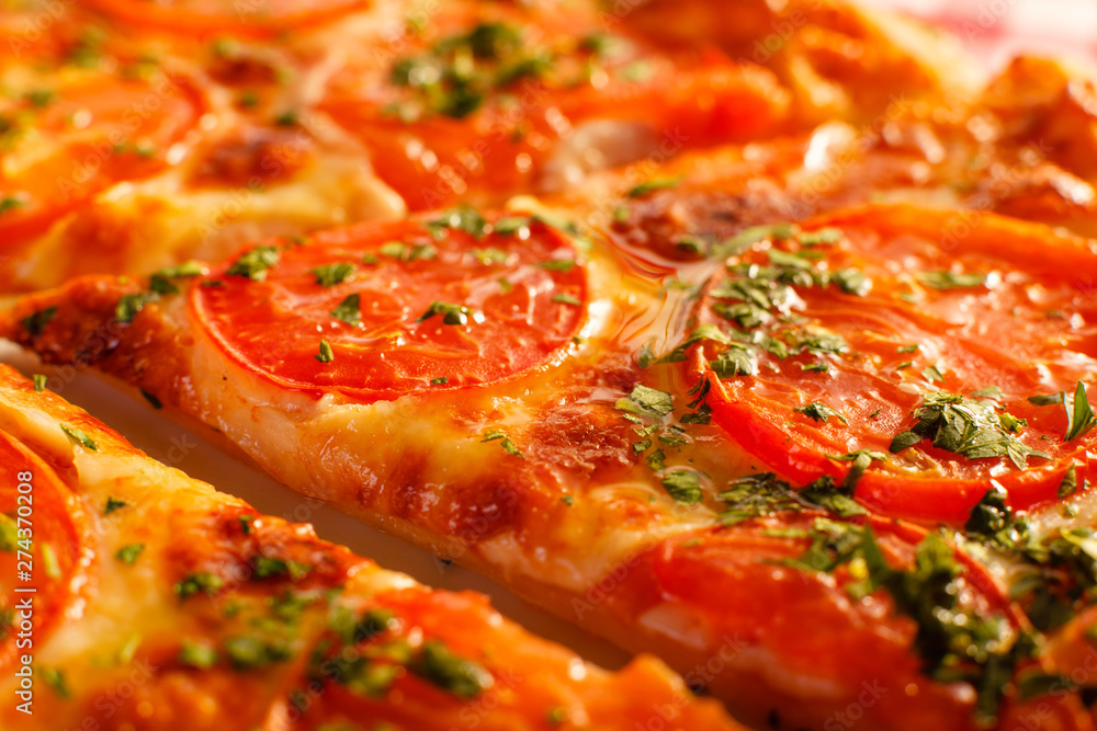 Close up piece of pizza Margarita. Delicious hot food sliced and served on white platter. Menu photo, Italian fast food. Close up piece of pizza Margarita. Delicious hot food sliced and served on white platter. Menu photo, Italian fast food.