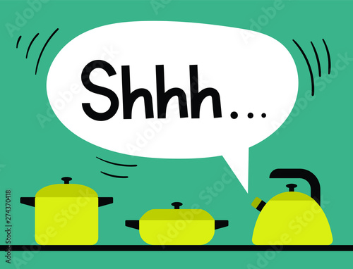 On the table is a yellow kettle, a frying pan and a saucepan. The kettle is boiling and making noise. He's steaming.Flat vector on blue background