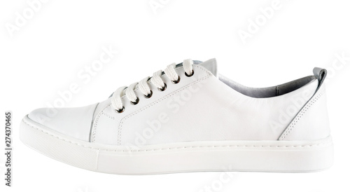 White leather sports sneaker on a white background.