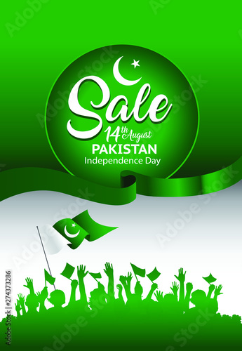 Vector green design, Illustration of Pakistan Icons, flag, and Sale for 14th August pakistan independence Day.