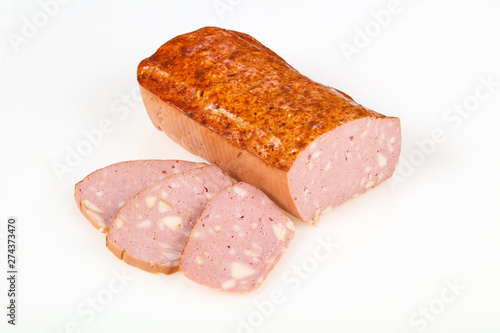 Tasty meat sausages over white background