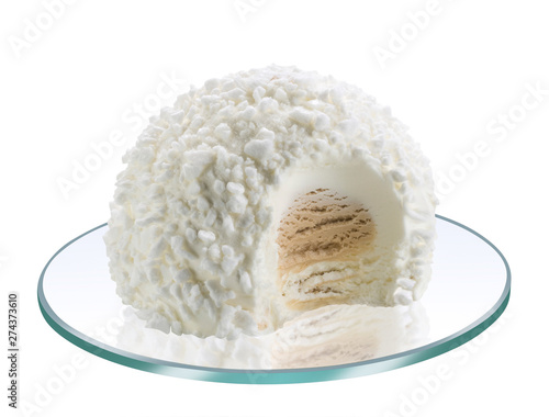 White Tartufo ice cream parfait on glass dish, isolated on white photo