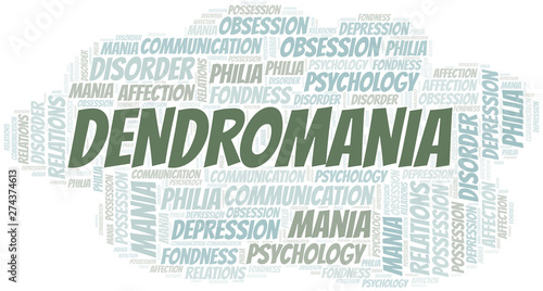 Dendromania word cloud. Type of mania, made with text only.