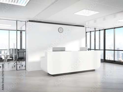 Blank white reception desk in concrete office with large windows Mockup 3D rendering