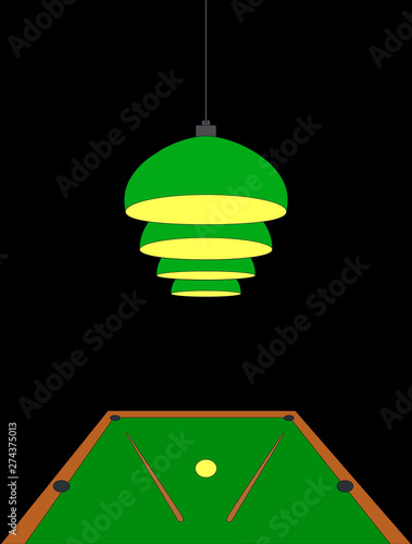 Four pendant burgundy lamps hang and shine over the pool table on which there are two cues and one ball. Billiard concept, template for an invitation to a snooker game. Vector illustration flat style