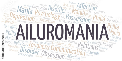 Ailuromania word cloud. Type of mania, made with text only.
