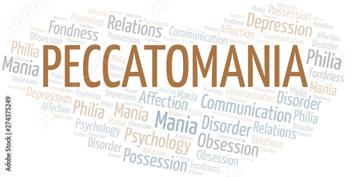 Peccatomania word cloud. Type of mania, made with text only.