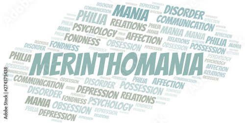 Merinthomania word cloud. Type of mania, made with text only.