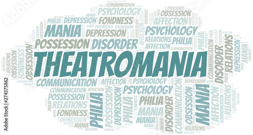 Theatromania word cloud. Type of mania, made with text only.