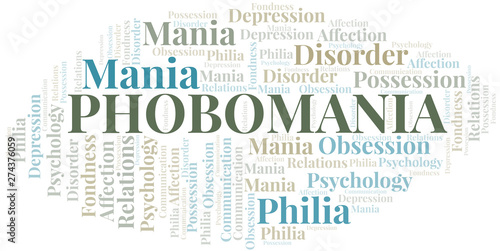 Phobomania word cloud. Type of mania, made with text only.