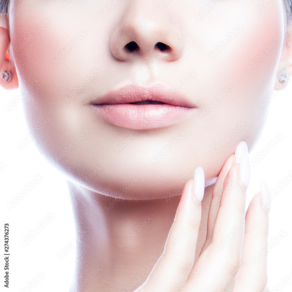 Fototapeta premium Lips, beauty part of face of fashion model woman, perfect skin, rose lipstick, natural nude make-up. Spa skincare facial treatment concept