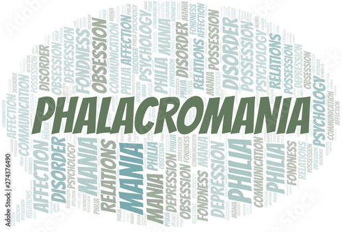 Phalacromania word cloud. Type of mania, made with text only.