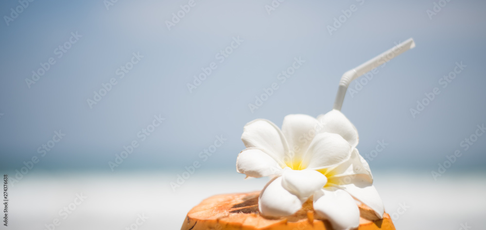 Fresh young orange coconut with a tube for drinks and Plumeria flowers in a tropical resort near the ocean Fresh young orange coconut with a tube for drinks and Plumeria flowers in a tropical resort near the ocean