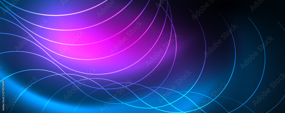 Trendy neon blue abstract design with waves and circles. Neon light glowing effect. Abstract digital background. Trendy neon blue abstract design with waves and circles. Neon light glowing effect. Abstract digital background.