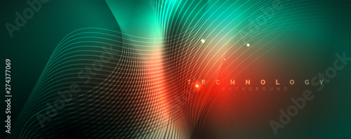 Shiny neon lines template - northern lights glowing blur lines. Futuristic style glow neon 80s disco club or night party techno template