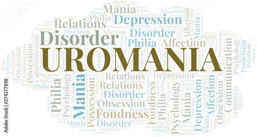 Uromania word cloud. Type of mania, made with text only.