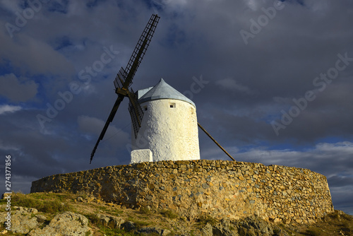 Wind mills at knolls at Consuegra, Toledo region, Castilla La Mancha, Spain. Route of Don Quixote with windmills.