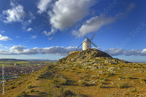 Wind mills at knolls at Consuegra, Toledo region, Castilla La Mancha, Spain. Route of Don Quixote with windmills.