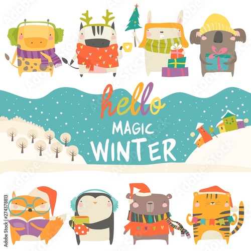 Set of cute animals with winter theme on white background