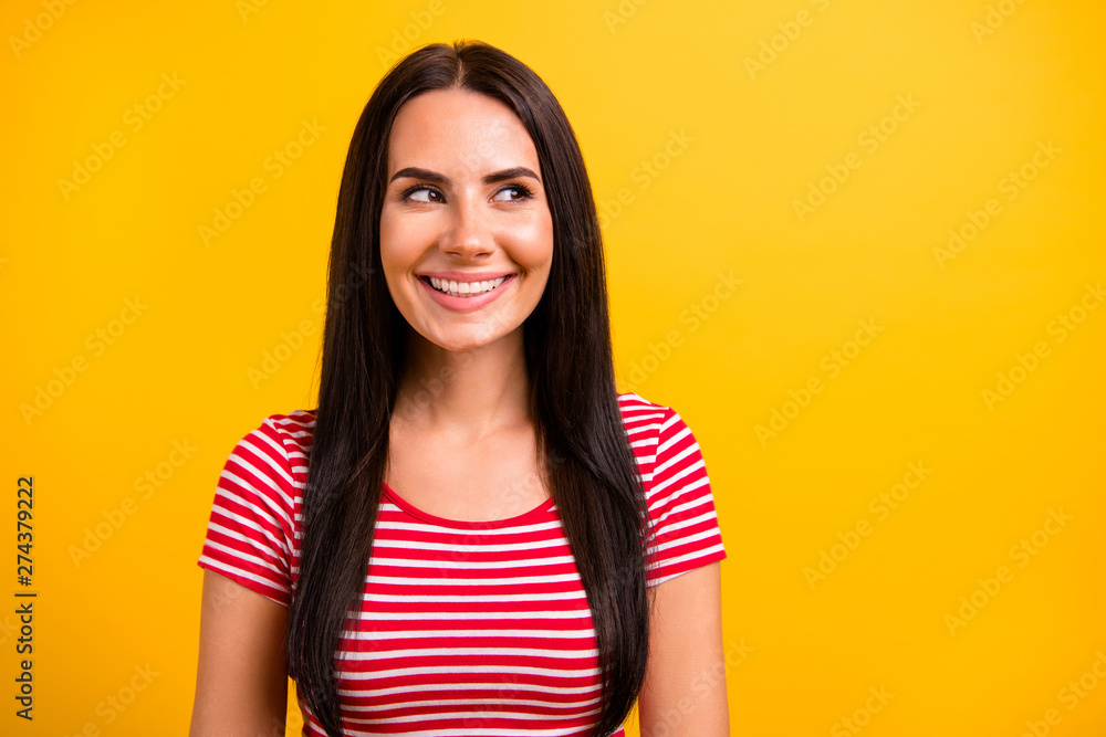 Close up photo of nice pretty lady millennial look have weekend thoughts decide choose minded dressed modern outfit youth isolated yellow colorful background Close up photo of nice pretty lady millennial look have weekend thoughts decide choose minded dressed modern outfit youth isolated yellow colorful background