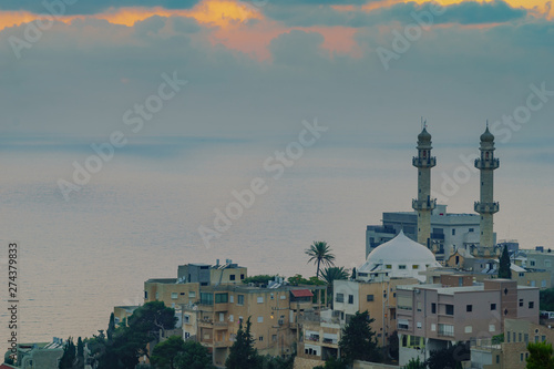 Sunset view of Mahmud mosque, Haifa photo