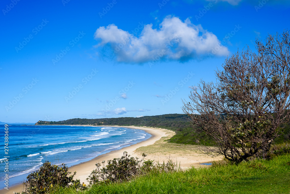 Beach landscape with grass and trees, taken in Urunga. It is a popular holiday destination in New South Wales, Australia. Beach landscape with grass and trees, taken in Urunga. It is a popular holiday destination in New South Wales, Australia.
