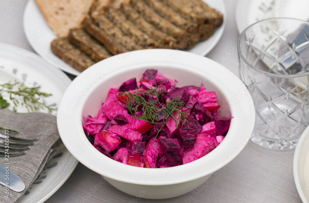 Swedish salad of pickled beetroot and apple traditionaly served at midsummer party Swedish salad of pickled beetroot and apple traditionaly served at midsummer party