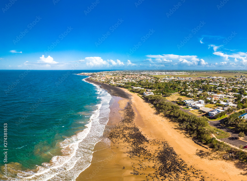 Aerial drone view of Bargara beach and surroundings, Queensland, Australia