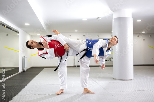 Two guys in a taekwondo combat